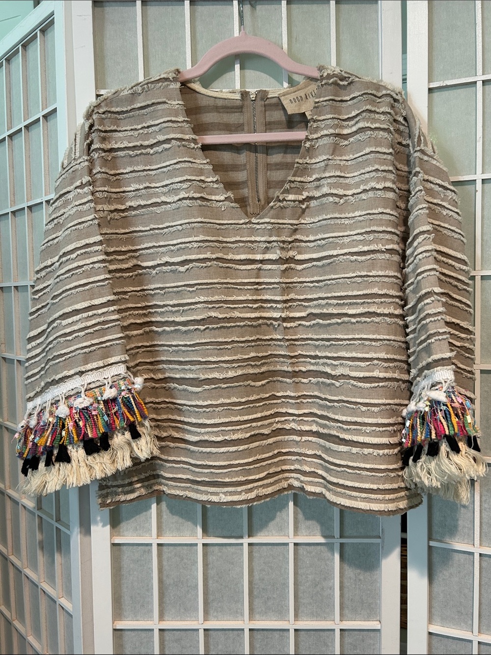Moon River Taupe Striped Fringe-Sleeve Tunic